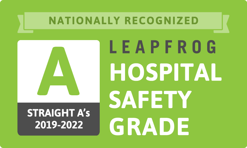 Green graphic with big "A" in hospital safety.